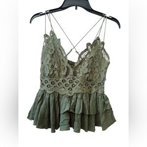 NWT Free People Adella Crochet Lace Top in Olive Green Sz M